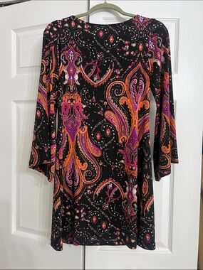 Black Long-Sleeve Paisley Shift Dress with Pink & Orange Motif